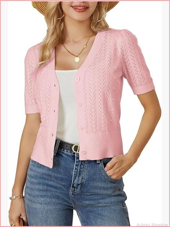 Sweaters - Cropped Cardigan Sweater Short Sleeve Crochet Knit Bolero Shrug V-Neck Button Up